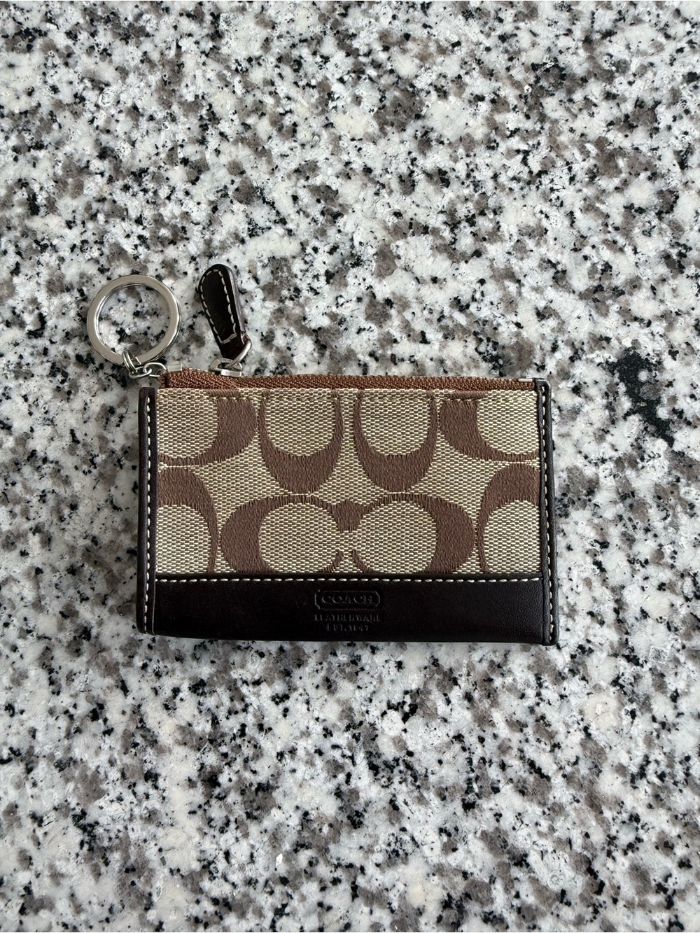 Coach Brown and Tan Signature Card Case with Key Ring